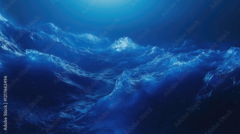 Poster deep blue ocean waves with sunlight piercing through the water creating reflections and shadows in a