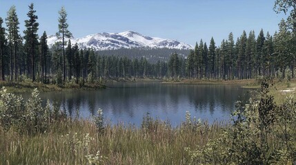 Obraz premium Serene mountain lake, tranquil forest, snow-capped peak background, nature scene