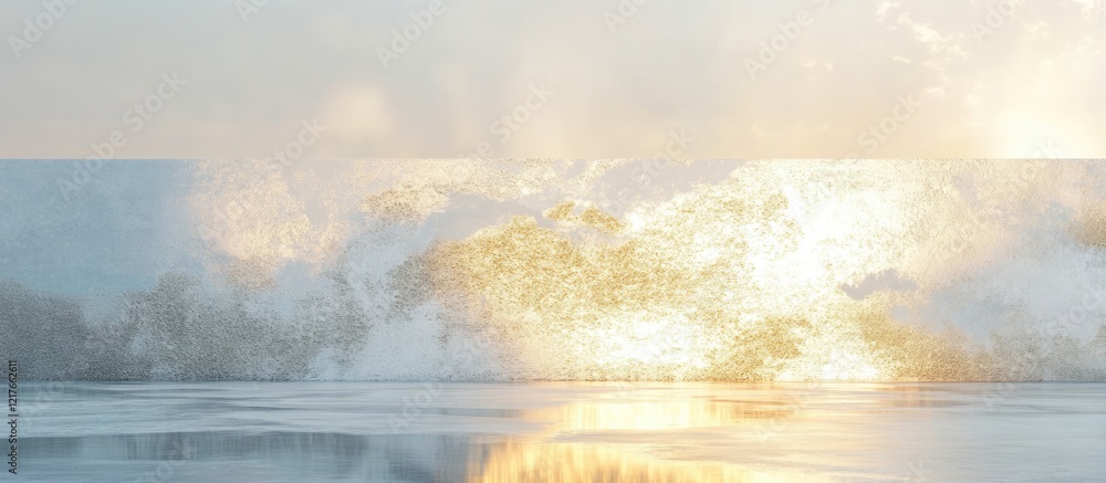 Poster sunset ocean waves with reflection and mist creating soft atmosphere copy space