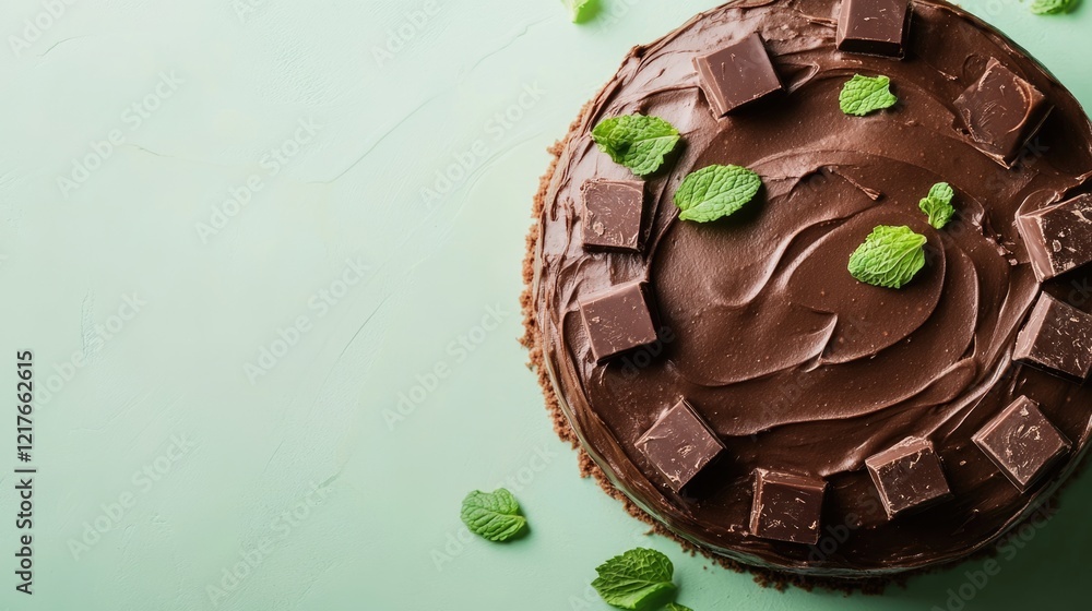 Poster chocolate cake with mint chocolate garnish on soft green surface featuring space for custom text or 