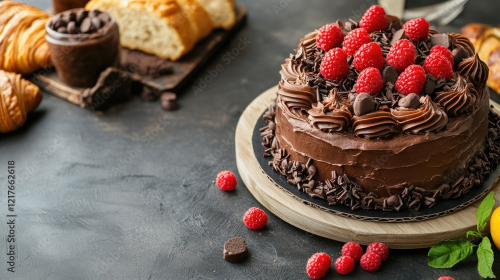 Poster chocolate cake with raspberries croissants and fruits on a table with empty copy space for text in a