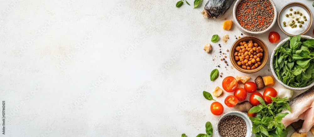 Poster fresh vegetables herbs and spices on a light background with copy space for text placement