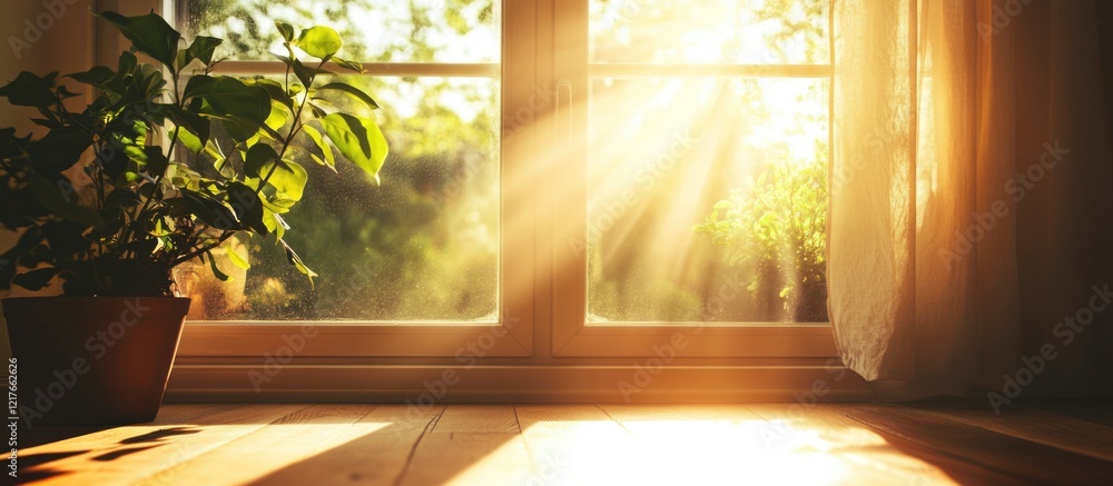 Poster sunlight streaming through window with potted plant creating a warm and inviting atmosphere copy spa