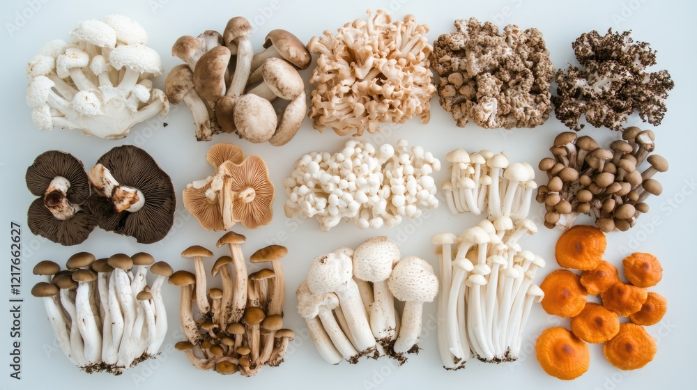 Poster Assorted edible mushrooms arranged on a white background with copy space for text. Various colors and textures displayed.