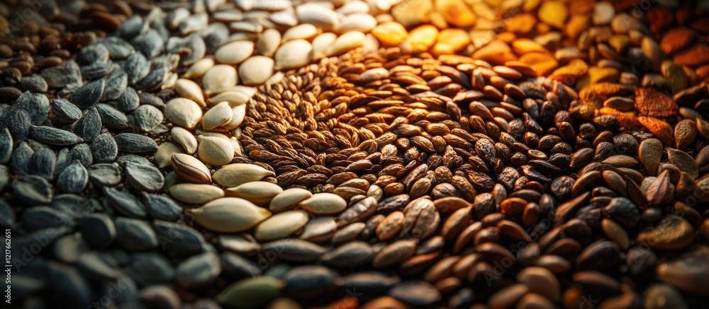 Poster Vibrant assortment of seeds in a spiral design illuminated by sunlight with ample space for personalized text or branding elements