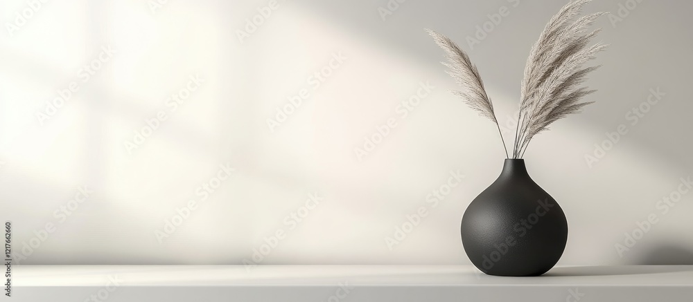 Poster minimalist black vase with pampas grass on gray pedestal featuring ample copyspace for text and mode