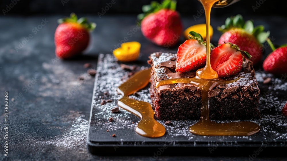 Poster chocolate brownie topped with fresh strawberries and caramel drizzle with a dark background and empt