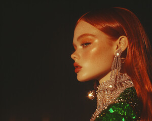 stunning profile of model with long red hair, wearing sparkling jewelry and green sequined outfit, exuding elegance and glamour in dramatic lighting setting