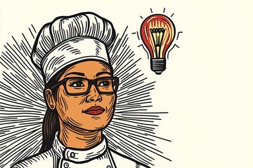 Illustration of a cook holding a lit bulb to express culinary creativity and brilliance, designed in a comic book-inspired style