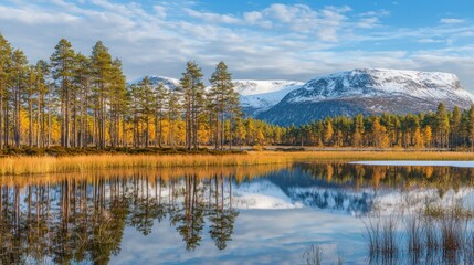 Obraz premium Autumnal lake reflection, snowy mountains, Scandinavia, calm