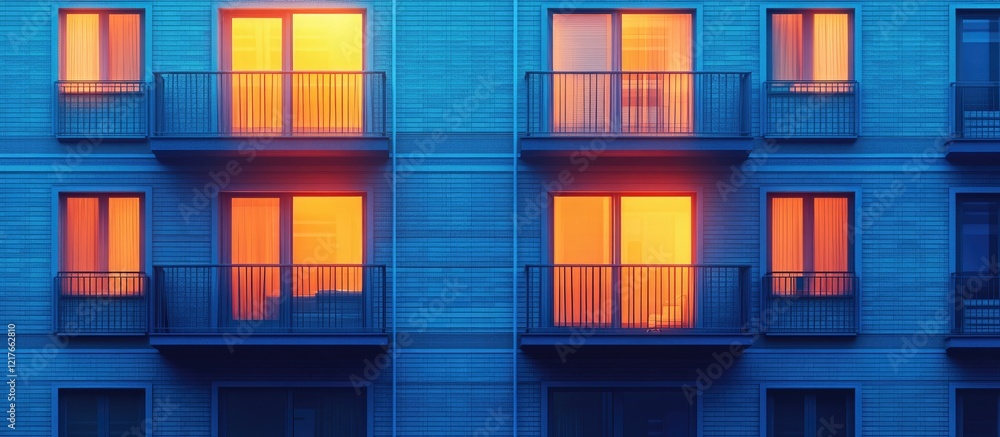 Poster Contemporary urban building facade at dawn with glowing windows and ample empty space for text and design elements