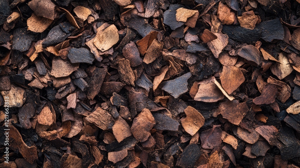 Poster close-up view of assorted bark mulch texture with rich earthy tones and natural wood variations prov