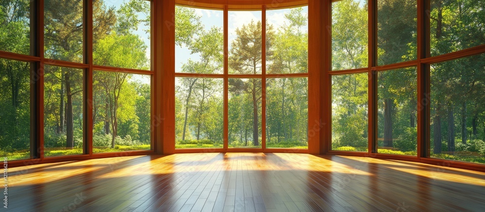 Poster bright contemporary interior with large windows overlooking lush greenery and ample natural light cr