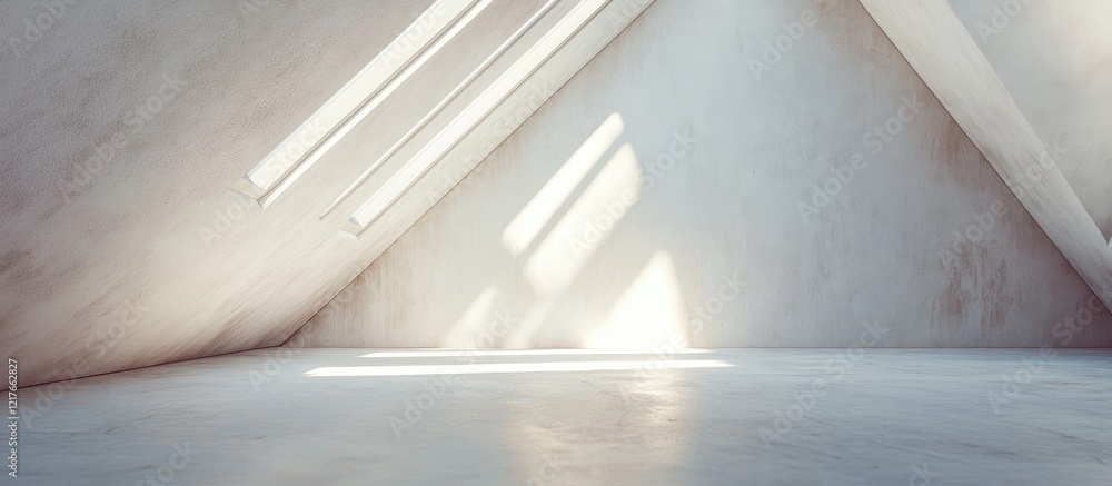 Poster Bright minimalist attic office with empty space for text and natural light streaming through angled windows