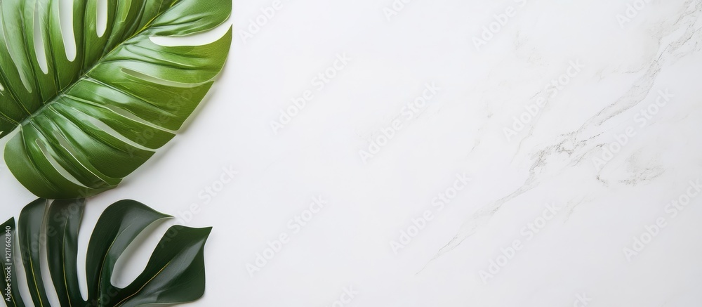 Poster elegant white marble background with lush green tropical leaves and ample space for text or branding