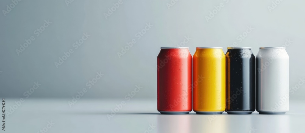 Poster colorful empty beverage cans lined up with copyspace for text suitable for advertising or promotiona