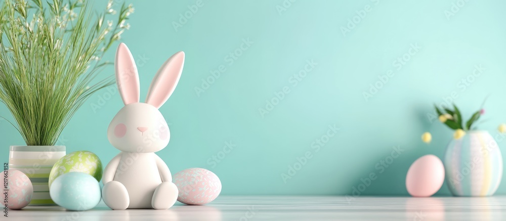 Poster pastel easter decor room with bunny and eggs ideal for spring themed background with copy space for 