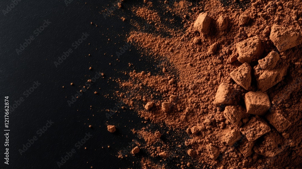 Poster chocolate brown cocoa powder explosion on black surface with ample space for custom text or branding