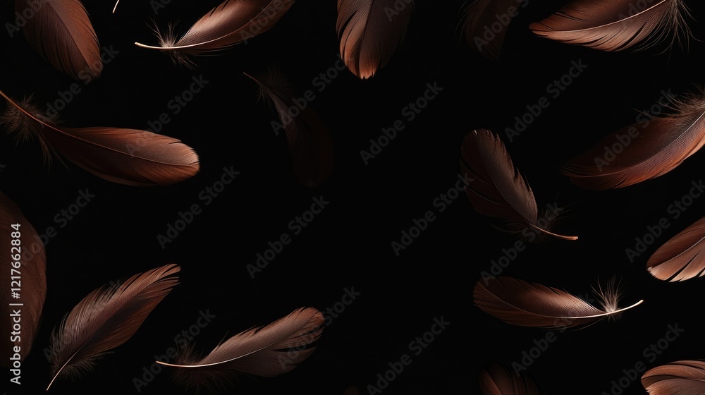 Poster brown feathers gently floating on dark background with space for text or design elements