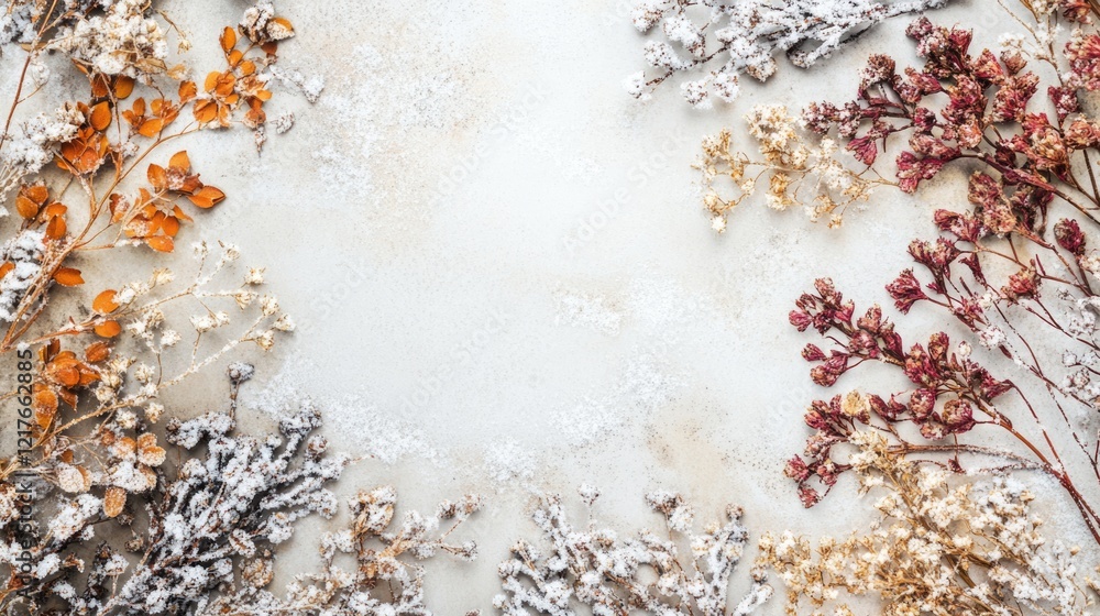 Poster dried flowers with frost on textured background creating frame with copy space for seasonal or flora