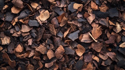Close-up view of assorted bark mulch texture with rich earthy tones and natural wood variations providing ample copy space for text placement