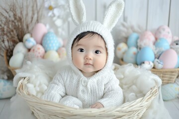 A cute baby dressed as a bunny sits in a colorful basket, embodying the joy and charm of Easter festivities.