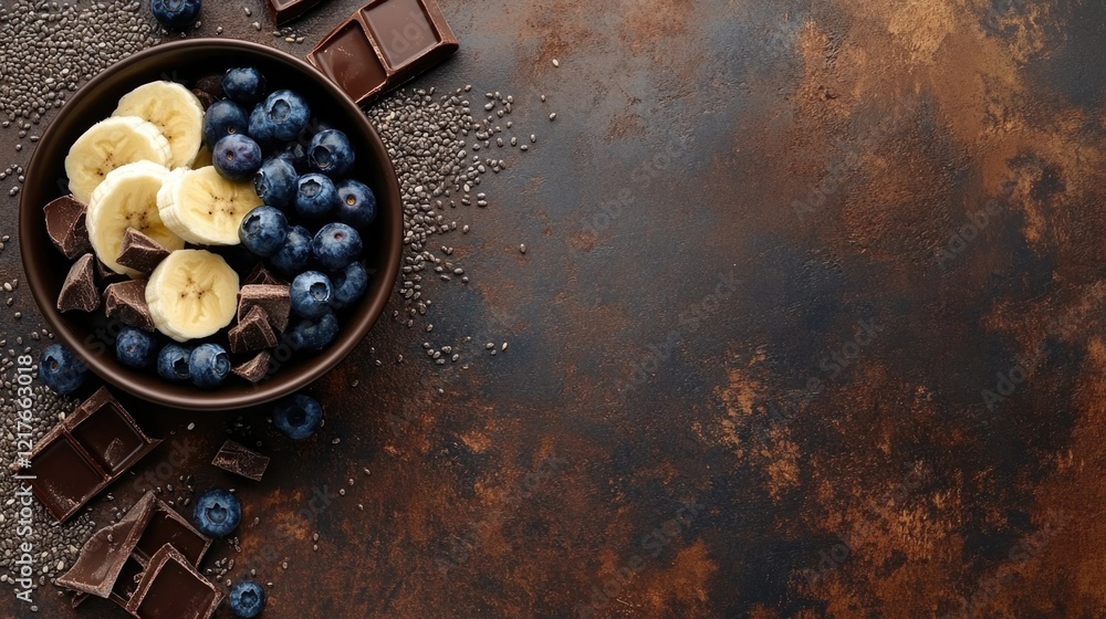 Poster chocolate breakfast bowl with banana blueberries chia seeds on rustic surface with empty space for t