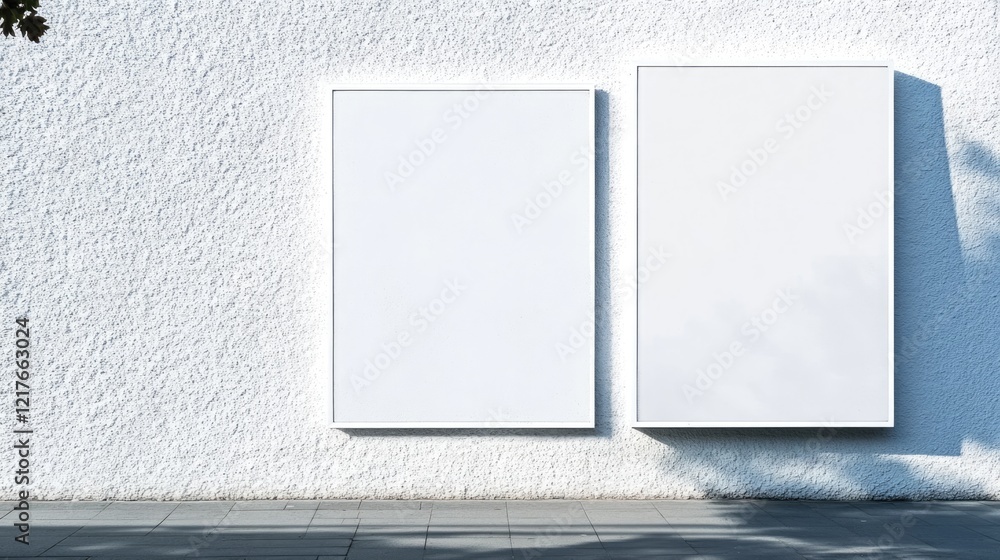 Poster asymmetrical white stucco wall featuring two empty rectangular panels for customizable artwork or ad