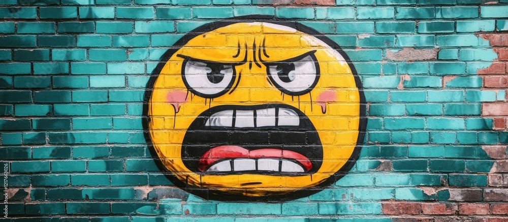 Poster vibrant graffiti mural of an angry face on a textured brick wall with empty space for text and artis