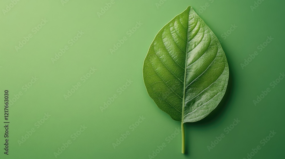 Poster close-up of a vibrant green leaf on a smooth gradient green background with ample copy space for tex