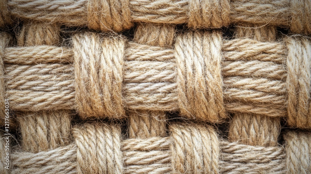 Aufkleber close-up view of woven natural jute rope texture with interlaced strands and fibers on a rustic back