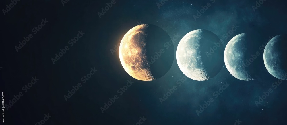 Poster phases of the moon sequence with copy space for text on dark background