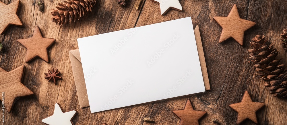 Poster Blank Card and Envelope Surrounded by Wooden Stars and Pinecones on Rustic Wooden Background with Space for Custom Text