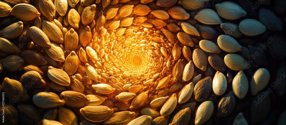 Aufkleber Colorful seeds arranged in a spiral pattern illuminated by sunlight creating a warm atmosphere with space for text insertion