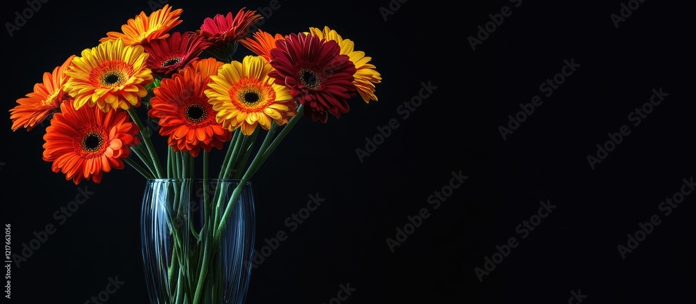 Poster vibrant multicolored gerbera daisies in a clear glass vase against a dark background with ample spac