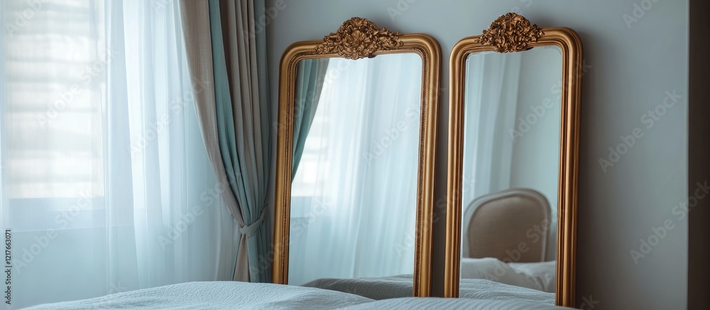 Poster elegant bedroom with two ornate mirrors reflecting natural light and ample space for personalized te