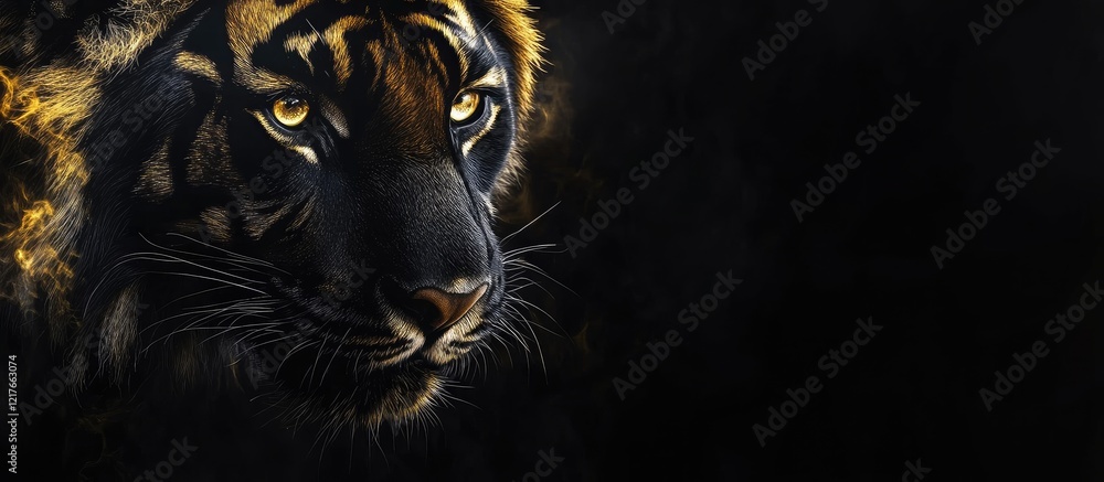 Poster black tiger with golden fur accents against dark background providing ample copyspace for text displ
