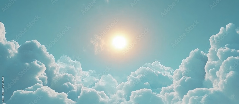 Poster Vibrant blue sky filled with fluffy white clouds and a shining sun creating an inviting and tranquil atmosphere for design projects