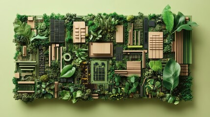 Green Urban Nature Concept with Abstract Layers of Plants and Wood Elements on Monochrome Green Background Copy Space