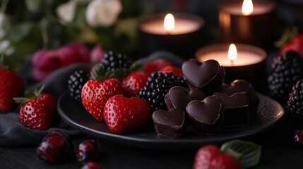 A romantic Valentine’s Day setup featuring a berry bouquet, vegan chocolate hearts, and glowing candles, isolated on black