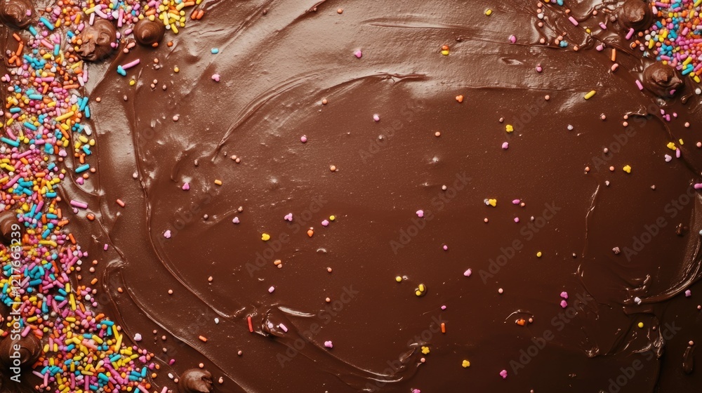 Poster chocolate birthday cake with colorful sprinkles and empty space for custom text in festive celebrati