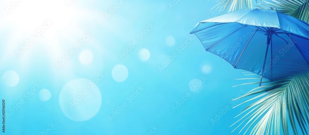 Poster sunny blue sky with umbrella and palm leaves creating a vibrant backdrop perfect for summer themes a