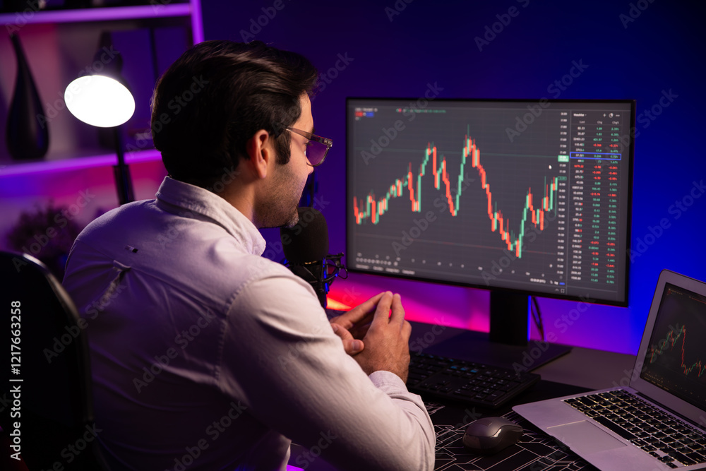 Poster smart trader businessman concentrating on dynamic stock exchange investment on pc and laptop showing