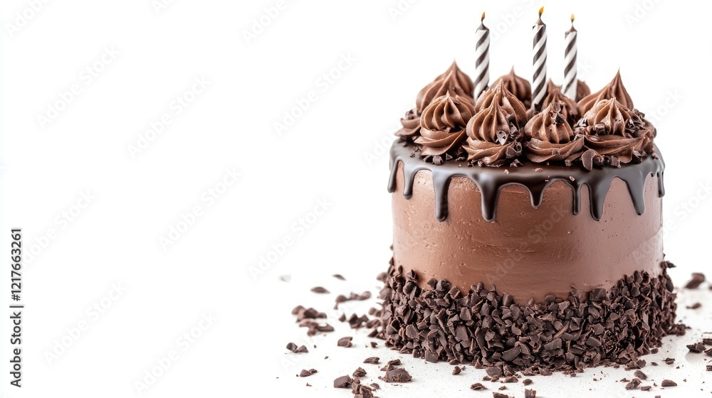 Poster chocolate birthday cake decorated with frosting and candles on white background with copy space for 