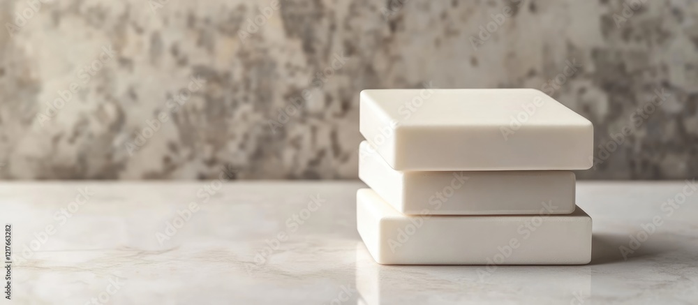 Poster Minimalist White Soap Packaging on Marble Surface with Empty Space for Custom Text or Branding in Clean Aesthetic Background