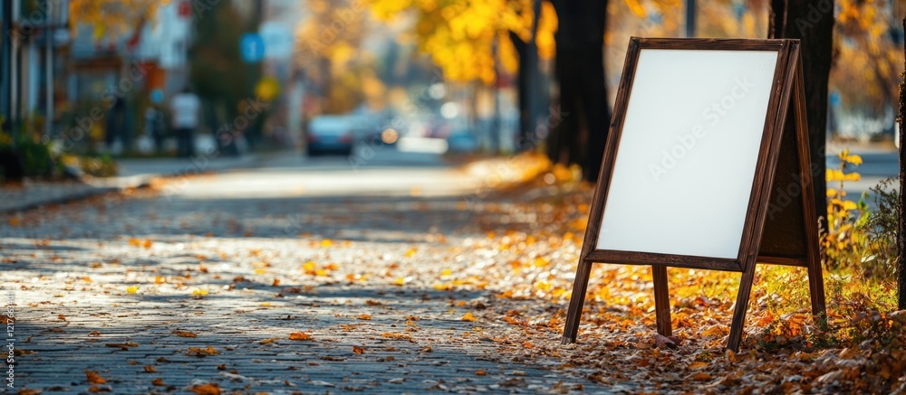 Poster wooden a-frame sidewalk sign in autumn setting with colorful foliage on the ground and clear copyspa