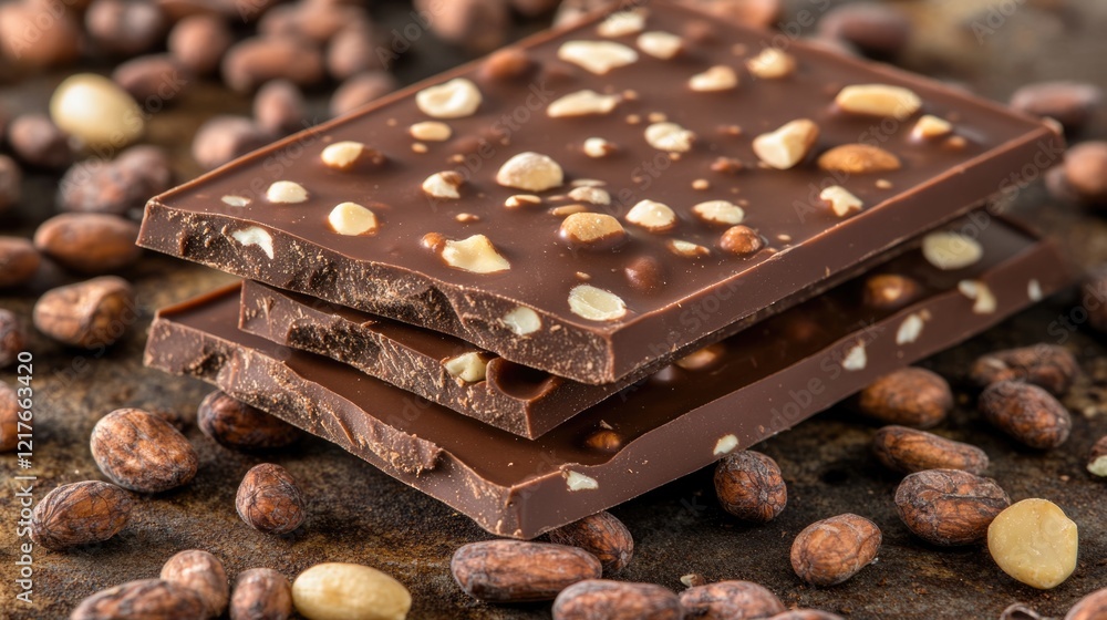 Poster chocolate bars with nuts stacked on cocoa beans with textured background and room for custom text or