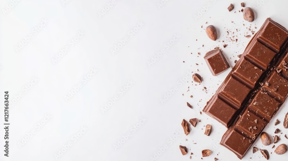 Poster delicious chocolate bars and cocoa beans on a clean white background with ample space for your text 