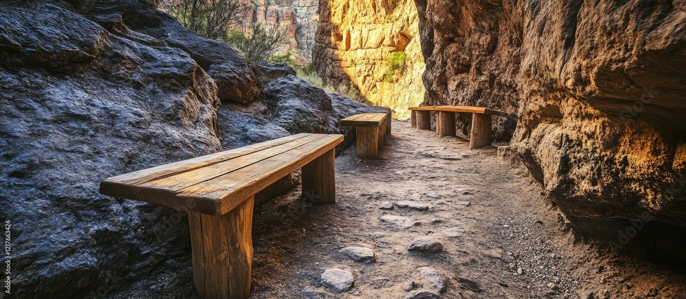 Poster bright angel trail scenic pathway with wooden benches surrounded by rock formations and empty space 
