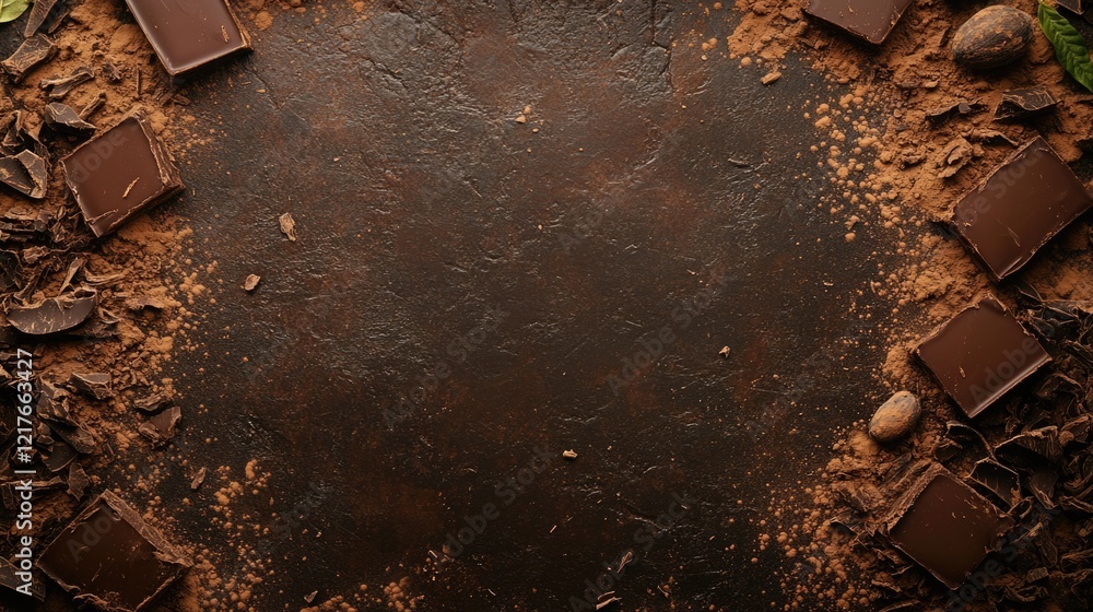 Poster chocolate shavings and cocoa powder with cocoa pods on a dark textured background overhead view with